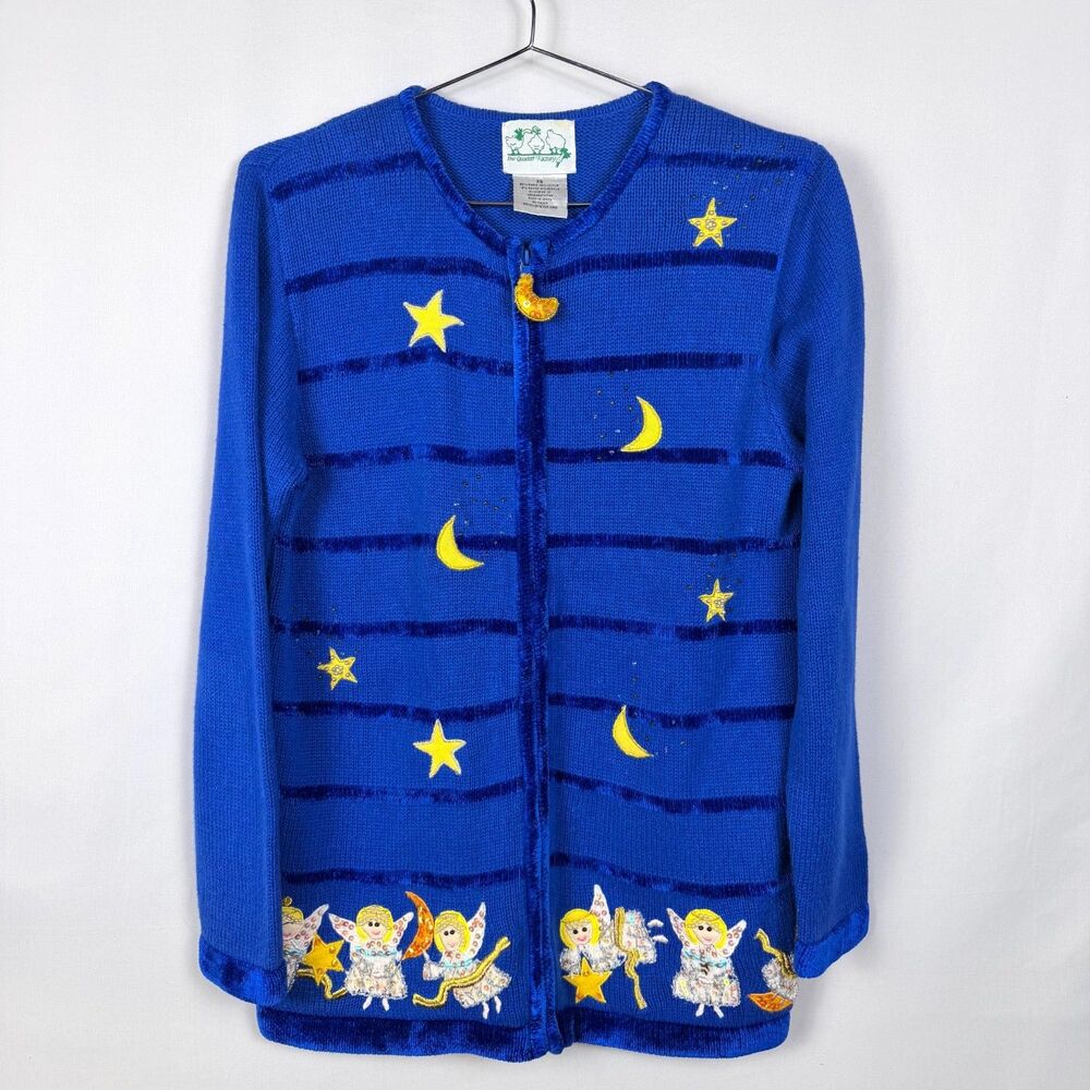 Quacker Factory Cardigan Zip Up Smiling Angels Moon Stars Blue WM XS Hoilday